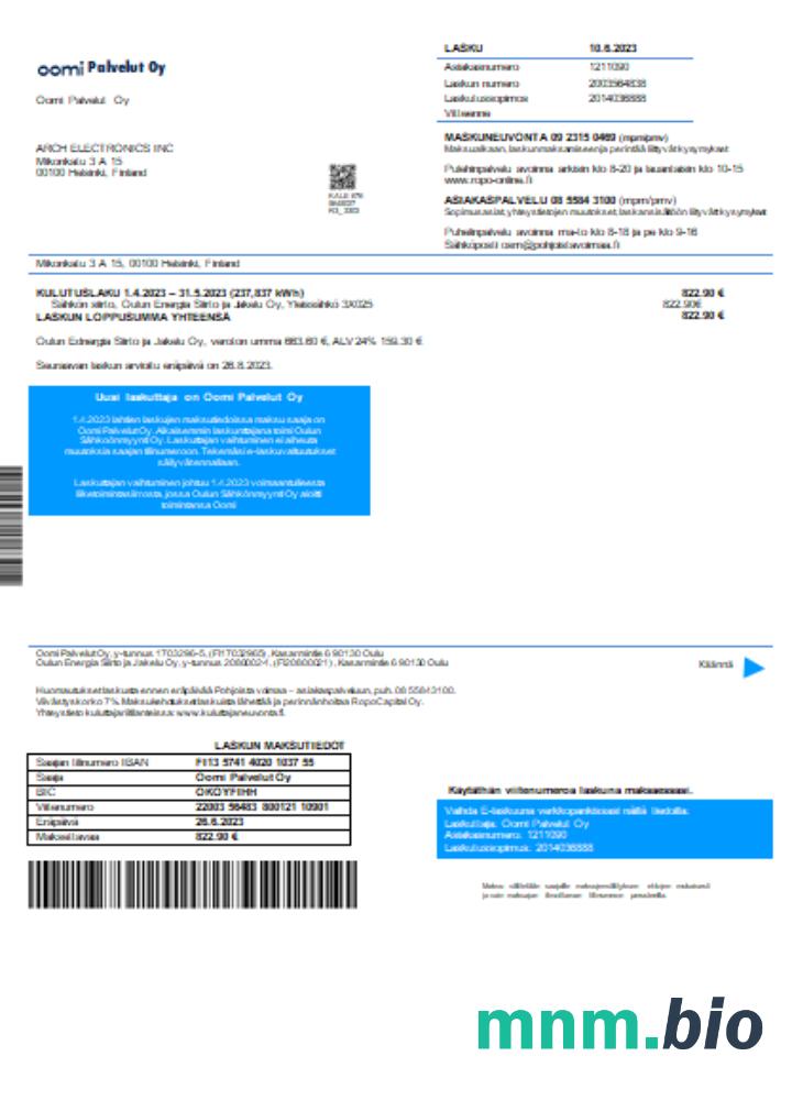 Oomi Palvelut Oy electricity rachunek za usługi komunalne
